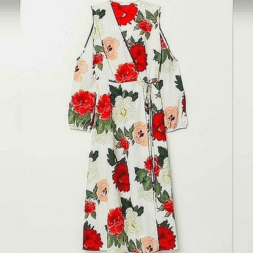 H&M SIZE 2 WHITE‎ RED FLORAL WRAP DRESS SUMMER VACATION GUC